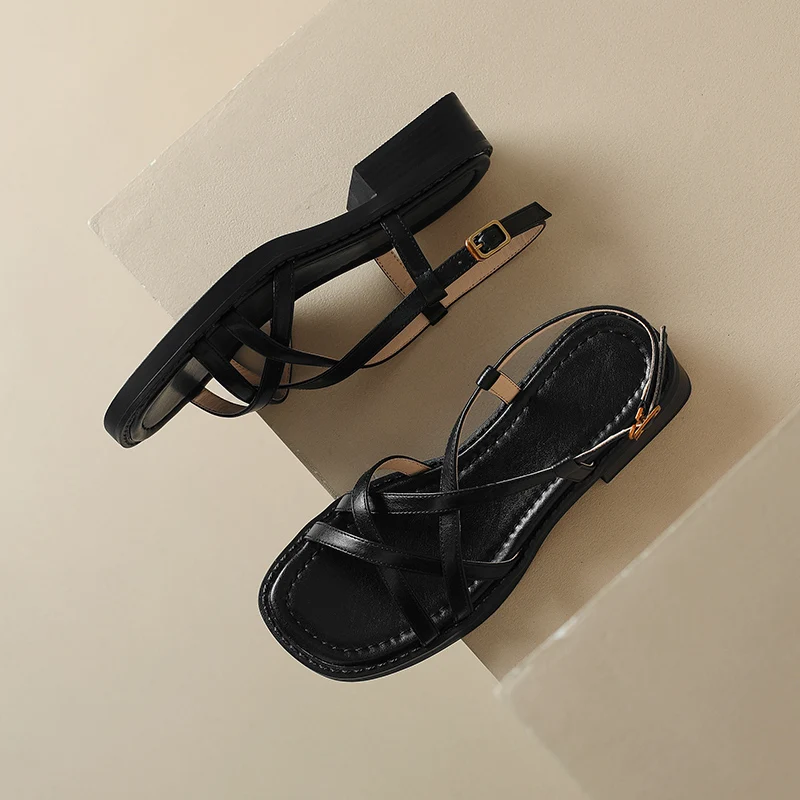 QUTAA Sexy Sandals Women Flats Heels Pumps Shoes Slingbacks Cow leather Summer Round Toe Party Wedding Shoe Office 34-43