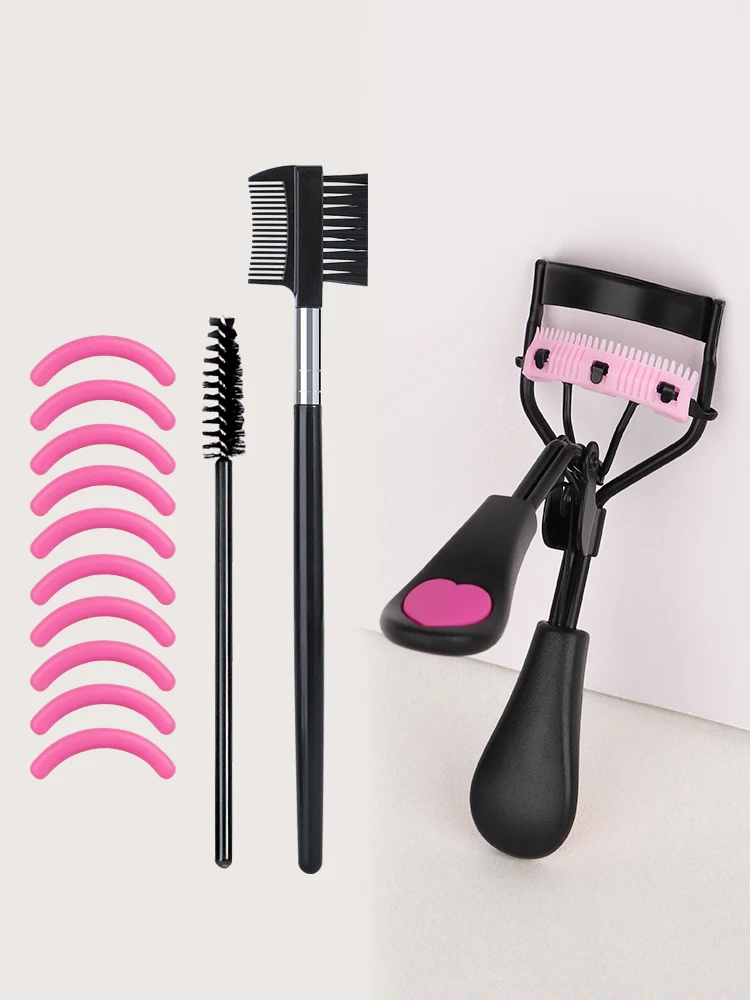 Portable eyelash curler with 10 silicone pads 1 spiral comb 1 eyebrow comb eyelash brush which does not harm eyelashes