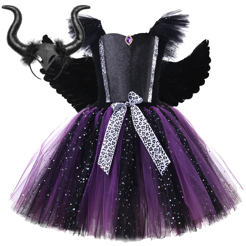 

Sparkly Witch Halloween Costume for Girls Evil Angel Tutu Dress with Horns Wings Kids Carnival Party Cosplay Outfit for Children