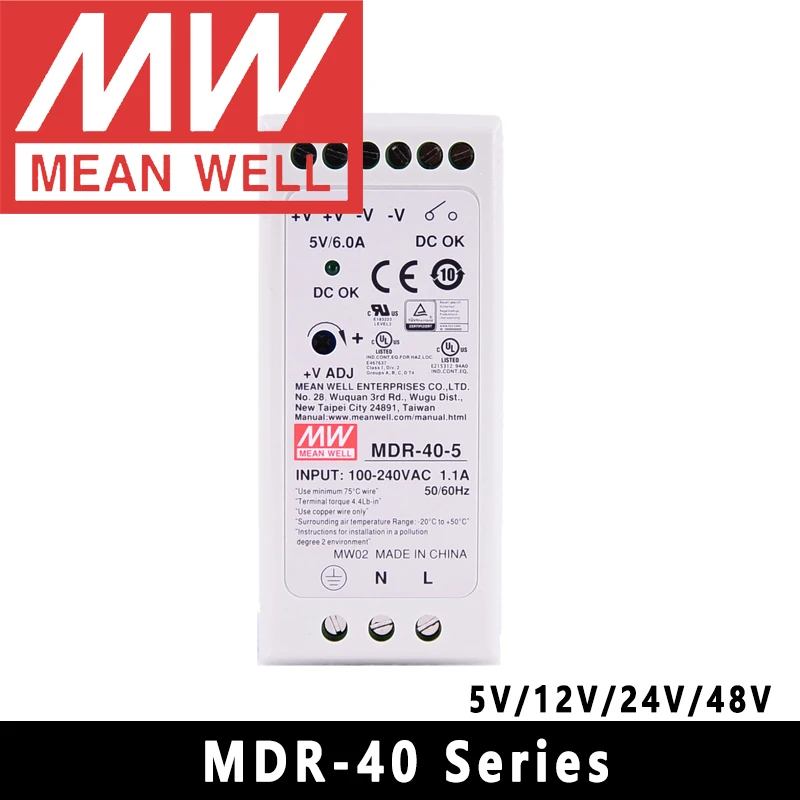 Mean Well 단일 출력 산업용 DIN 레일 전원 공급 장치, 오리지널 Mean Well MDR-40-24 DC 24V 1.7A 40.8W