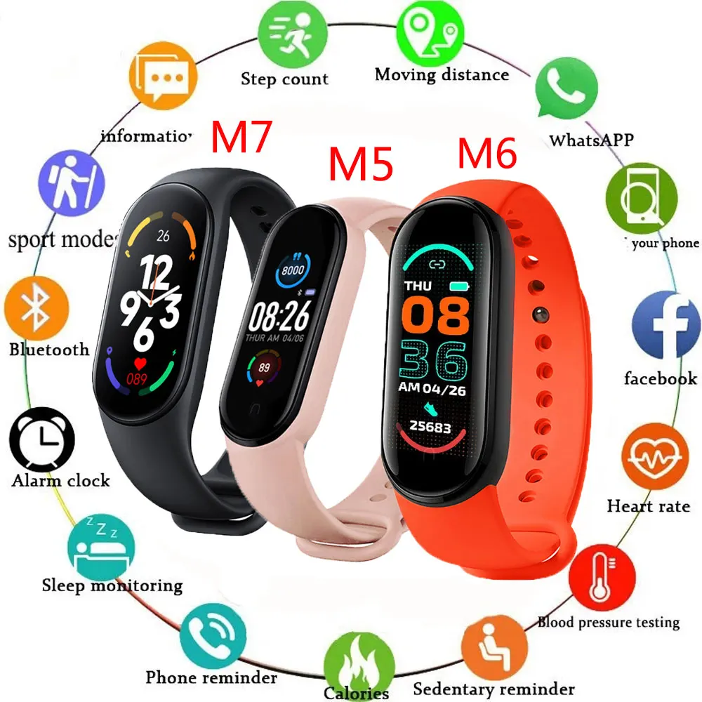 Band 5 6 7 Smart Watch Bluetooth Music Heart Rate Blood Pressure  Smartwatch Men Women Fitness Sports Smart Band For Adriod IOS