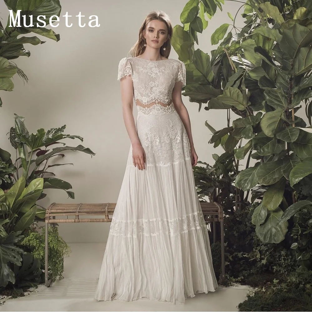 

Boho Short Sleeve Wedding Dress Lace Applique Open Back Cut Out Beach Bridal Gown Tulle Floor Length Civil Custom Bride Dress