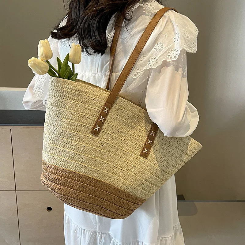 2024 NEW Design Large Straw Tote Bag for Women Rattan Woven Beach Bag Summer Colored Stripe Shoulder Bags Handbag
