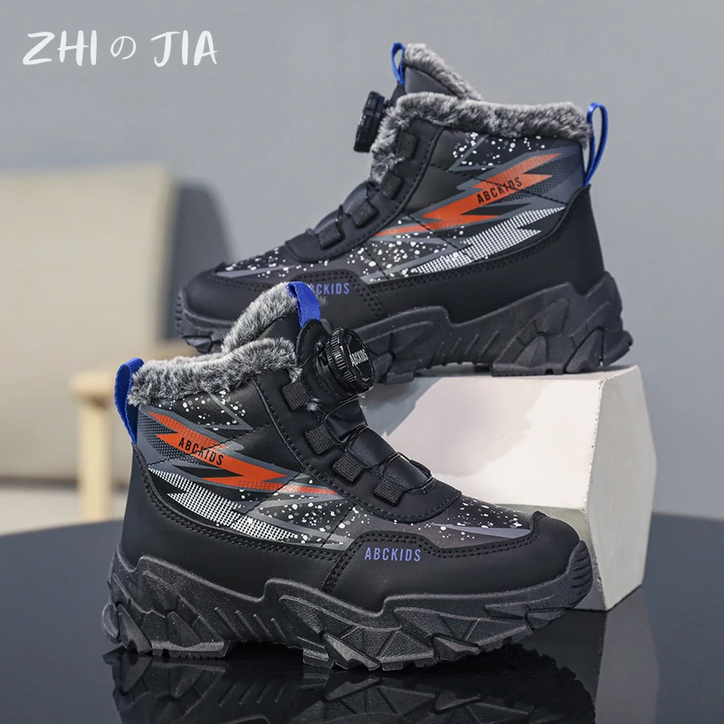 Winter High Top Rotary Buckle Plush Shoes Children\'s New Anti Slip Durable Snow Boots Boys and Girls Fashion Casual Warm Shoes