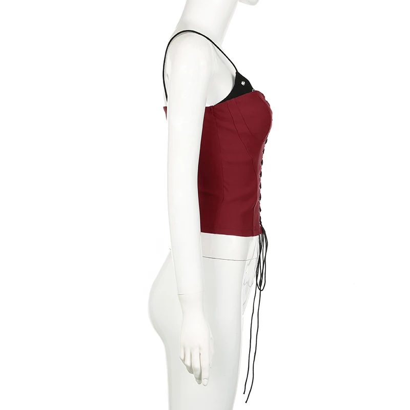 Camisola sexy ajustada con lazo para mujer, con parches en contraste y ojales, estilo retro Y2K para fiesta y club.