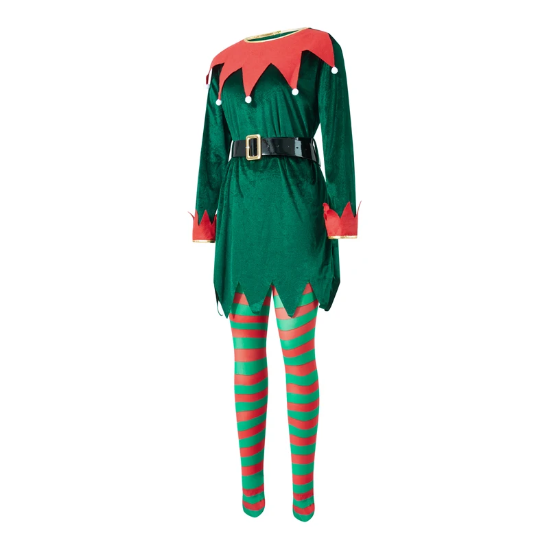 Christmas Elf Costume for Women with Hat and Stockings Adult Cosplay Outfit for Themed Party Celebration