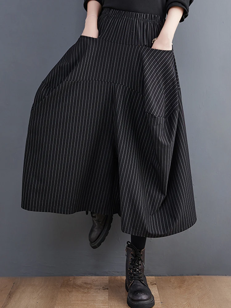 Black High Elastic Waist  Striped Plus Size Wide Leg Pants Women Pocket Loose Casual Fashion Ladies Trousers Spring Autumn 2025