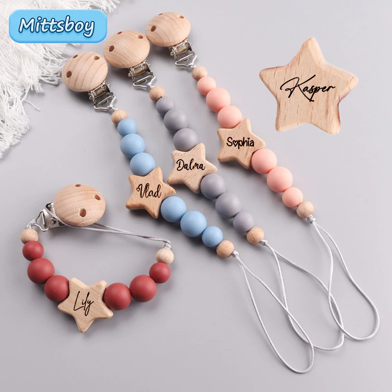 

DIY Custom Name Wood Personalized Baby Pacifier Chain Silicone Bead Dummy Nipple Holder Guard Beech Teether Pendant Newborn Gift