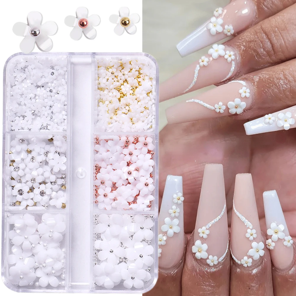 3d Acrylic Flower Nail Art Decorations Gold Silver Beads Color