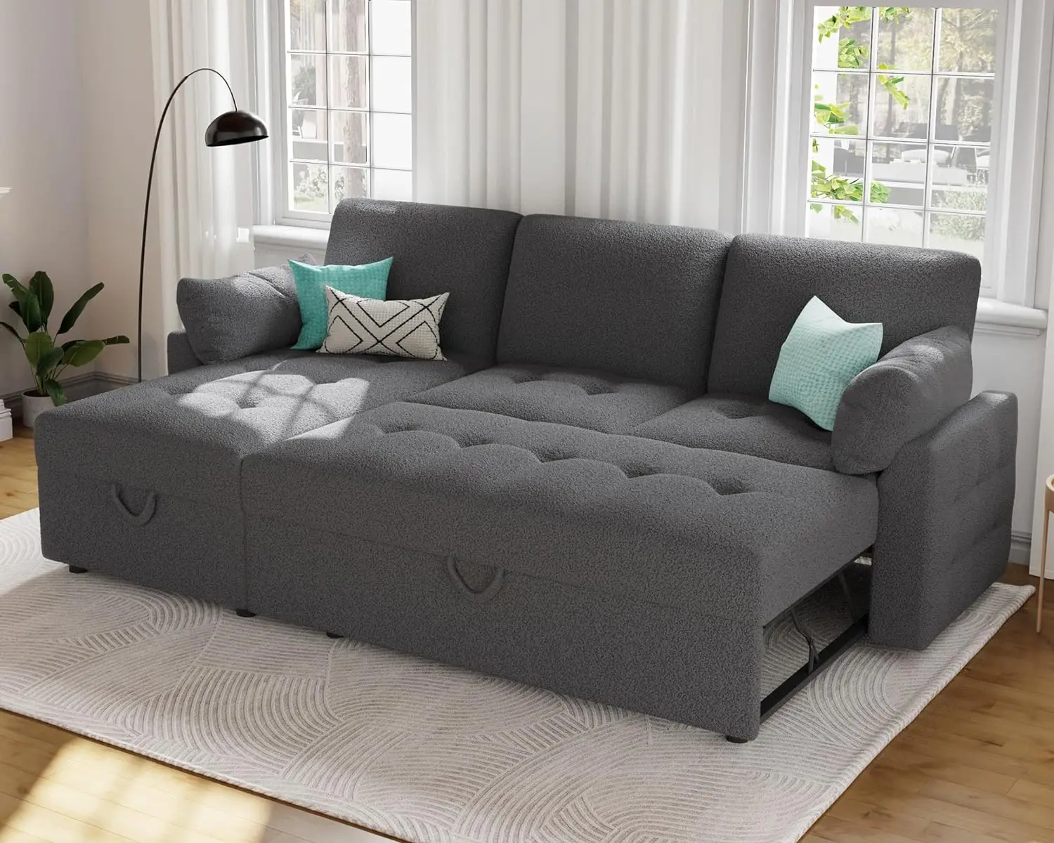 

Pull Out Sofa Bed, Modern Tufted Convertible Sleeper Sofa, Boucle Sleeper Sectional Couch Bed with Storage Chaise, L Shaped Sofa