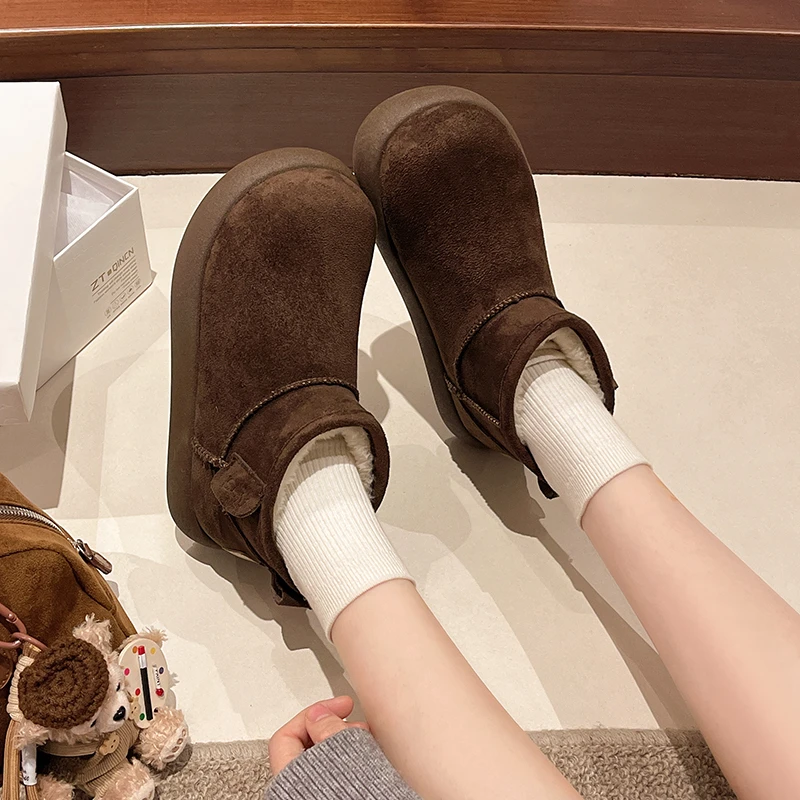 Aphixta Winter Warm Snow Boots Cow Suede Short Plush Lining Woman Flat With Boot Brown Round Toe Slip On Concise Ladies Footwear