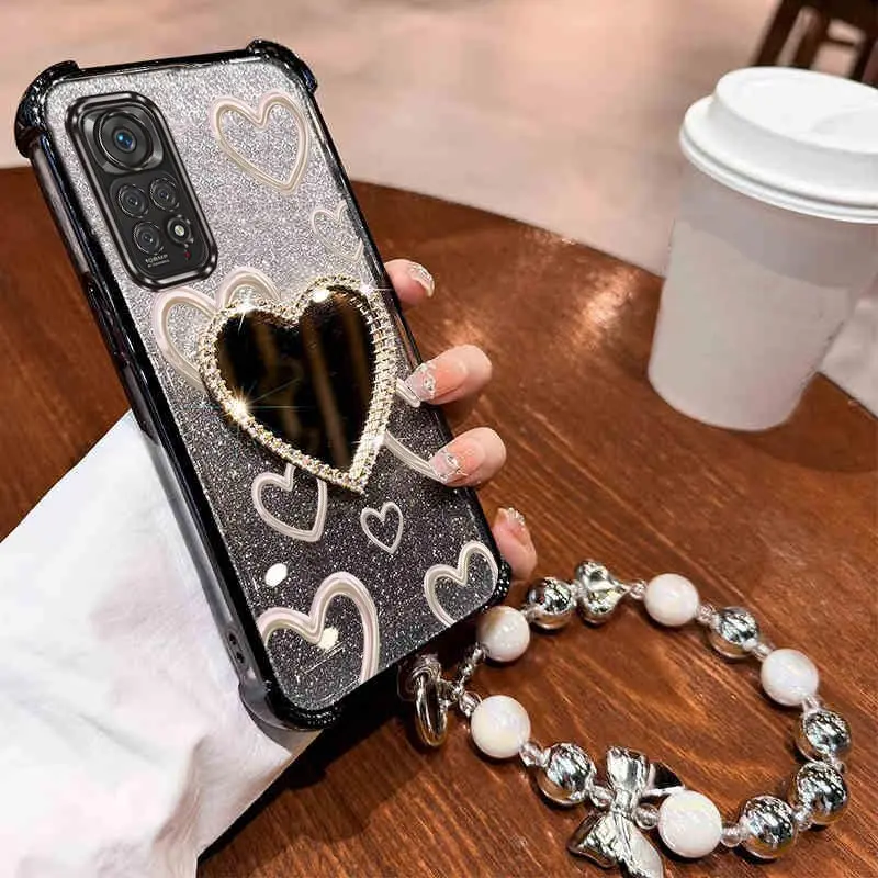 Airbag Strap Glitter Love Heart Mirror Phone Case Cover
