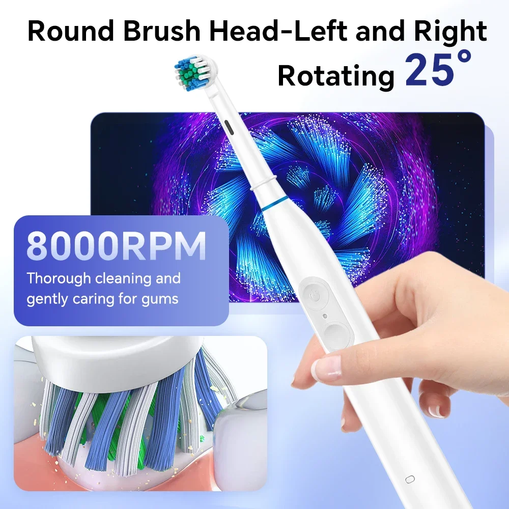 Rechargeable Oscillating Electric Toothbrush for Adults - 5 Modes, Waterproof, with 4 Brush Heads