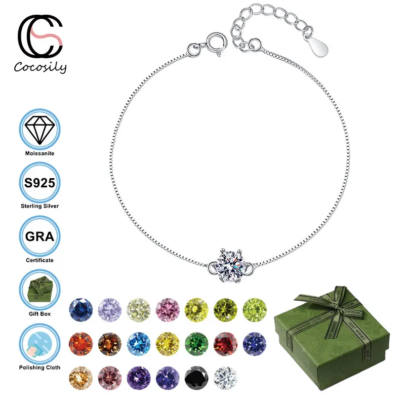 

Cocosily 1CT D Color Moissanite S925 Sterling Silver Six Claw Crown Adjustable Women Bracelet Exquisite Simple OL Style Jewelry