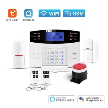 와이파이 GSM 홈 보안 보호 스마트 경보 시스템, LCD 화면 도난 키트, 투야 앱 리모컨 팔 및 무장 해제 지지대 알렉사
