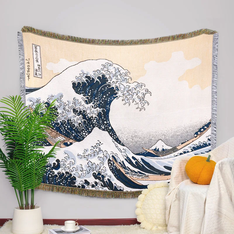 

Одеяло Ukiyo с волнами для дивана, украшение в стиле ретро, пледы, повседневный гобелен, теплое вязаное одеяло с кисточками, пляжный ковер для кемпинга