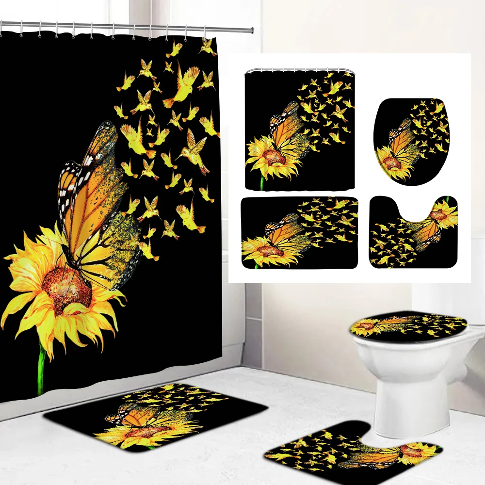 

Butterfly Flowers Printed Shower Curtain Set with Rug Anti-slip Carpet Bathtub Toilet Screen Waterproof Bathroom Decor with Hook
