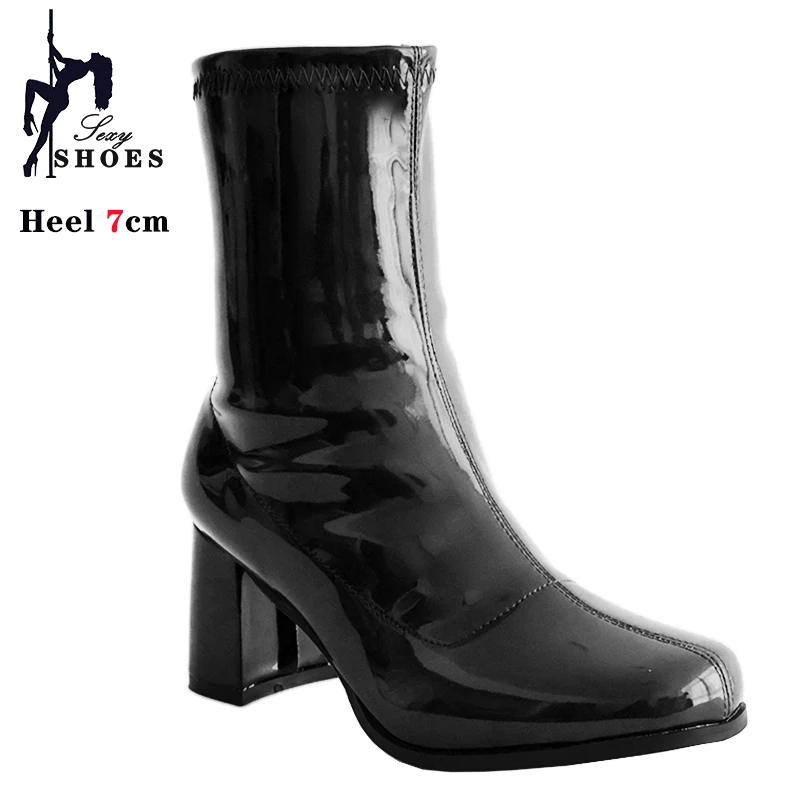 New 7cm High-heeled Cross Dressing Shoes Gogo Boots 60s 70s Square Heel Ankle Boots Sexy Round Toe Leather Zip Women Short Boots