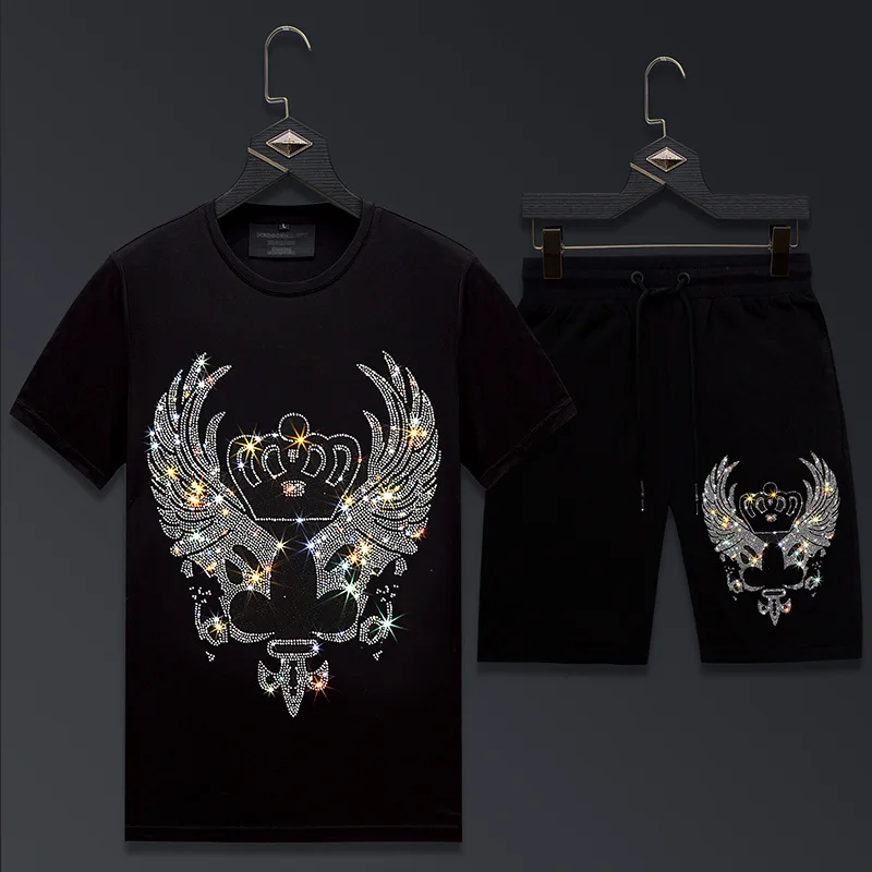 

2023 Men Clothing Sportswear Crown Rhinestones Suit Fitness Short Mens Track Suit Set 2 Pieces Casual Jogger Sets Plus Size 6XL