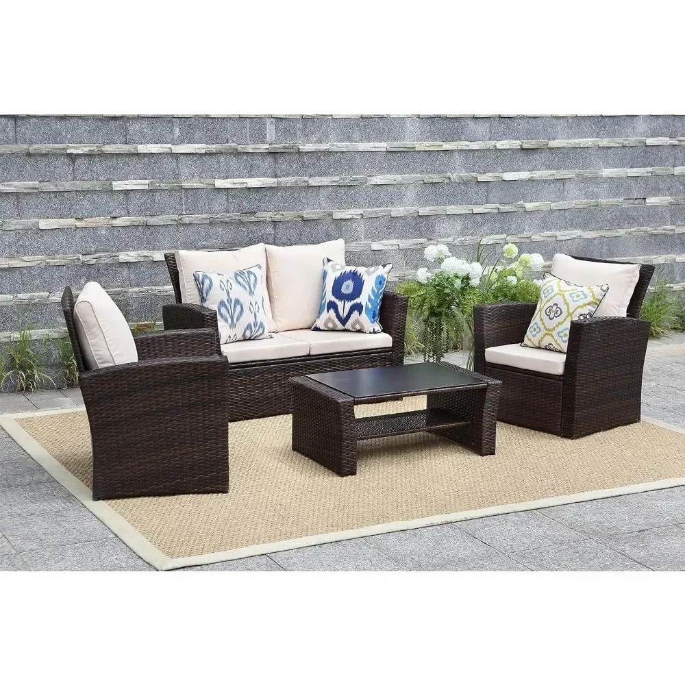 4-piece Set of Outdoor Courtyard Furniture, Courtyard Conversation Sofa with Seat Cushion, Hand Woven Rattan Sofa 3