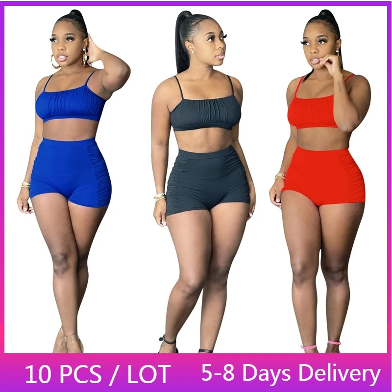 

Wholesale Items Summer Womens Two Peice Sets Backless Crop Top and Shorts Set Streetwear Women Patchwork Ruched Bodycon Outfits
