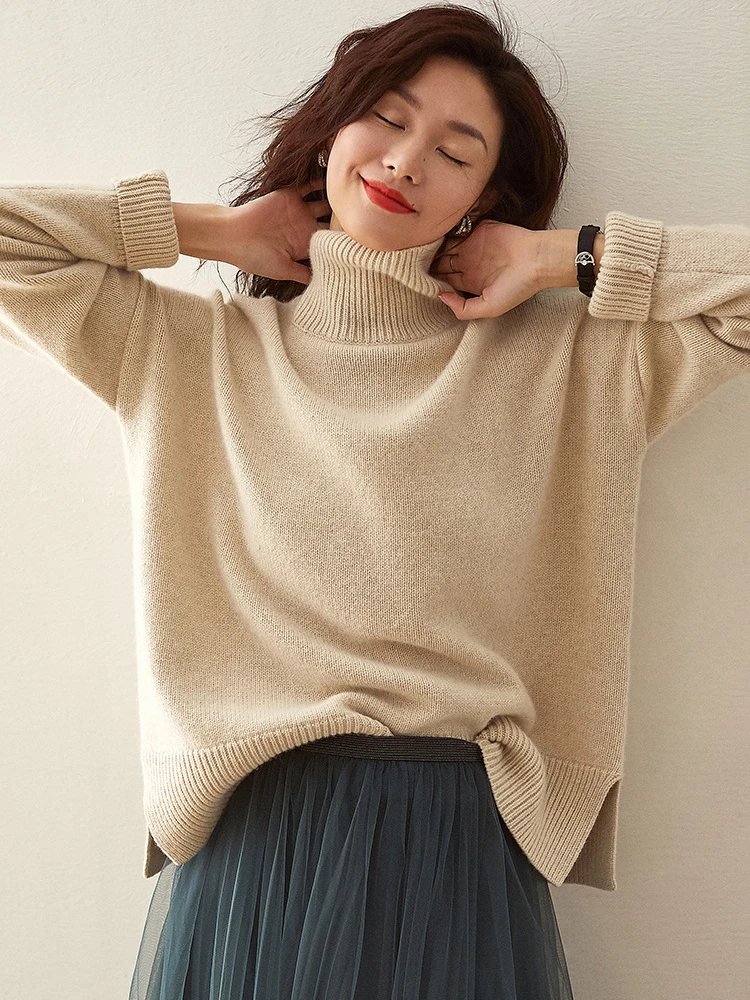 

CamKemsey High Quality Winter Cashmere Sweaters For Women Basic Long Sleeve Lazy Loose Knitted Turtleneck Pullovers