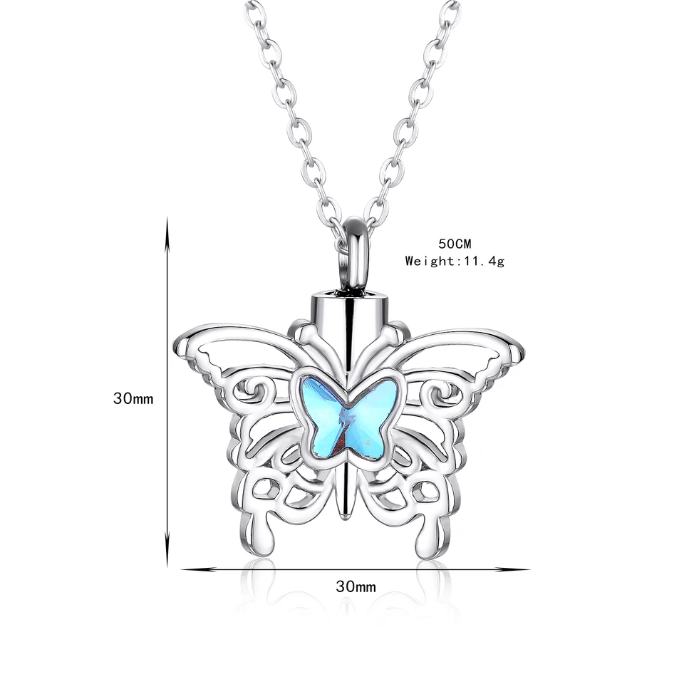 Collana Commemorativa Per Ceneri A Forma Di Cuore E Farfalla – Gioiello In Acciaio Inox Con Cristalli Per Ricordo Donna – Regalo Funebre - 4