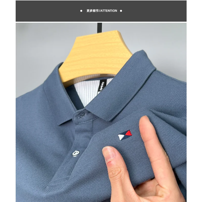 

100% Cotton Summer Luxury Men's High-end Lapel Polo Shirt Solid Color Short-sleeved Triangle New Two-color Embroidered Top M-4XL
