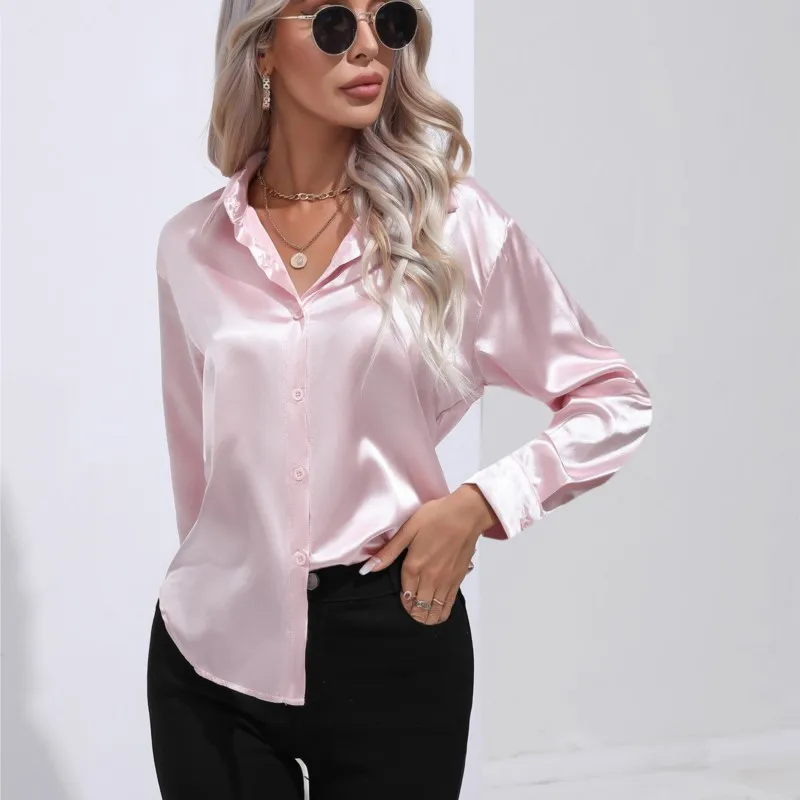

Real time Colored Ding Shirt Women's Spring/Summer 2023 New European and American Satin Imitation Silk Long Sleeve Shirt