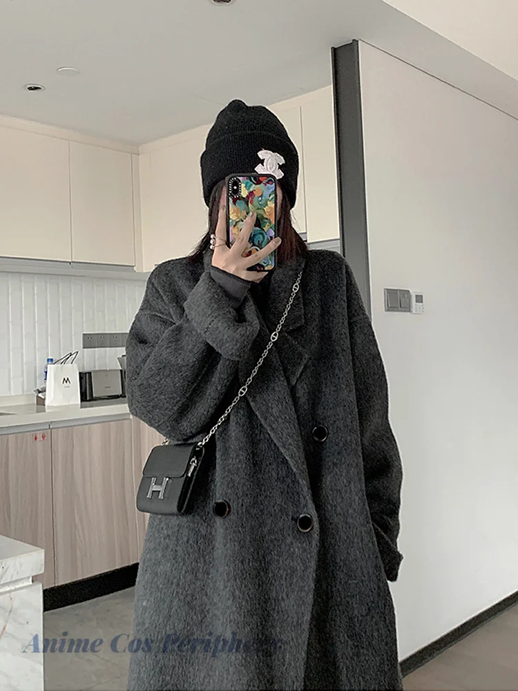 

New Double sided Wool Coat Women's Polo Neck Medium Long Temperament Grey Wool Coat