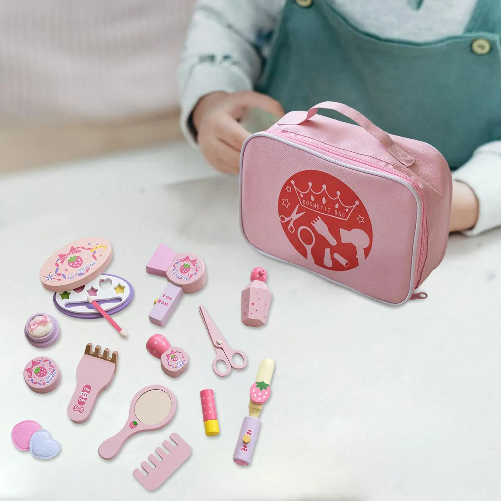Play House Toys Set Wooden with Cosmetic Bag Lifelike for Role Play Toddler