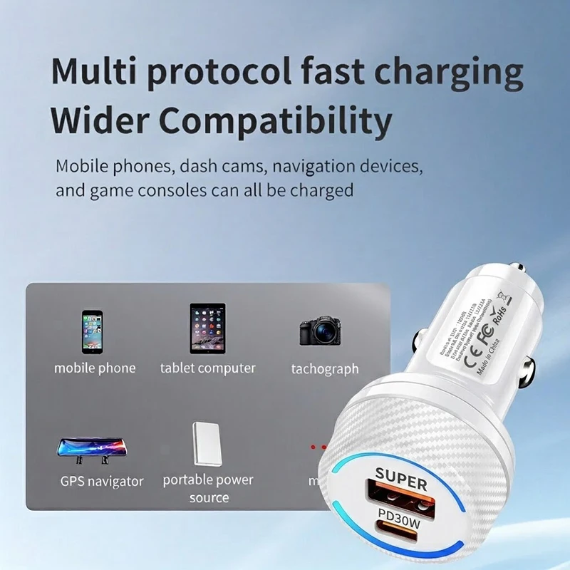 차량용 60W 초고속 충전기 PD30W 타입 C QC USB A 듀얼 포트 어댑터 블루 LED 링 지능형 칩 (블랙박스용)
