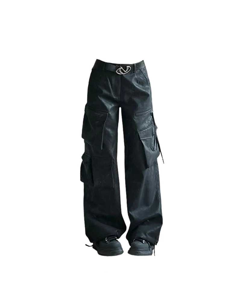 Women's Black Gothic Leather Pants Y2k Emo 2000s Streetwear