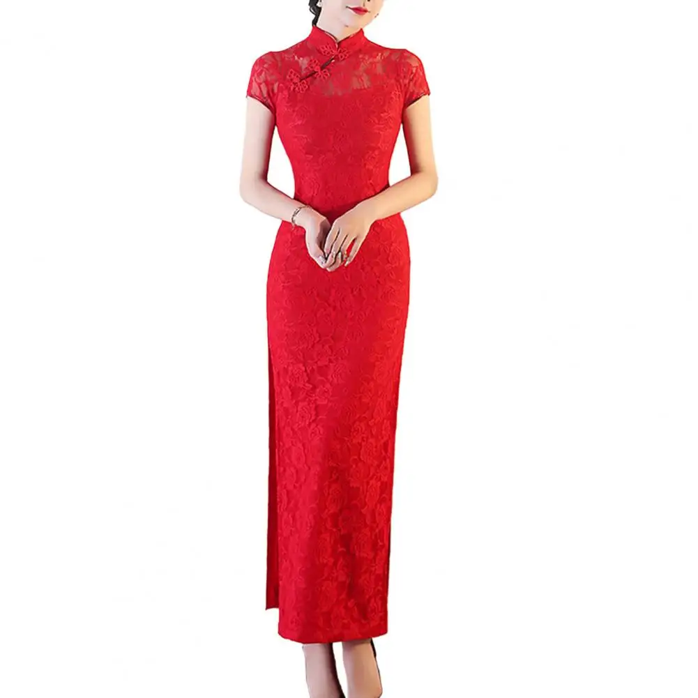 Chinese Qipao Elegant Vintage Chinese Lace Maxi Dress with Stand Collar Side Split Women's Classic Qipao Cheongsam for