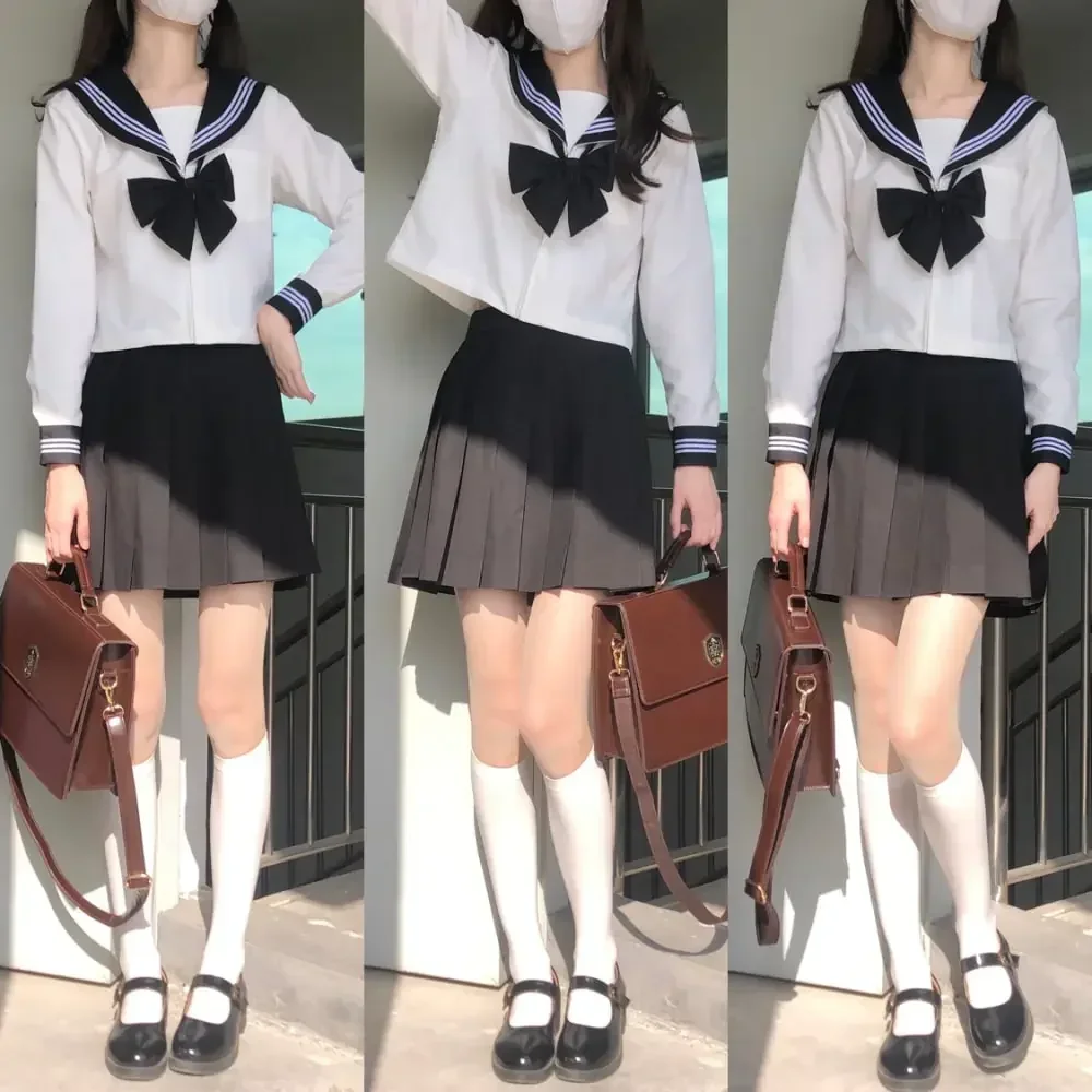 Basic JK Black Collar White Lines School Uniform Girl Sailor Suits Pleated Skirt Japanese Style Clothes Anime COS Costumes Women japanese school uniform japanese schoolgirl skirt japanese women dress