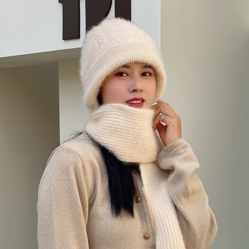 

2022 New Fashion Female Winter Knitted Skullies Cold Proof Ear Protection Scarf Warm Girls Beanies Cycling Windproof Hat