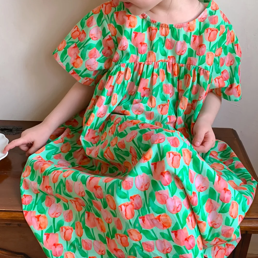 

2023 Summer New Baby Girls Loose Puff Sleeve Split Joint Dress Children Full Printed Tulip Kids Cotton Flower Princess Skirt