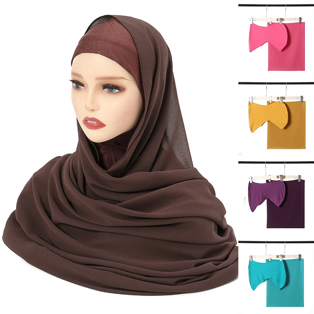 

Classic Chiffon Hijab With Matching Undercap Over Neck Women Scarf Shawl Underscarf Jersey Inner Caps Muslim Hijab Sets