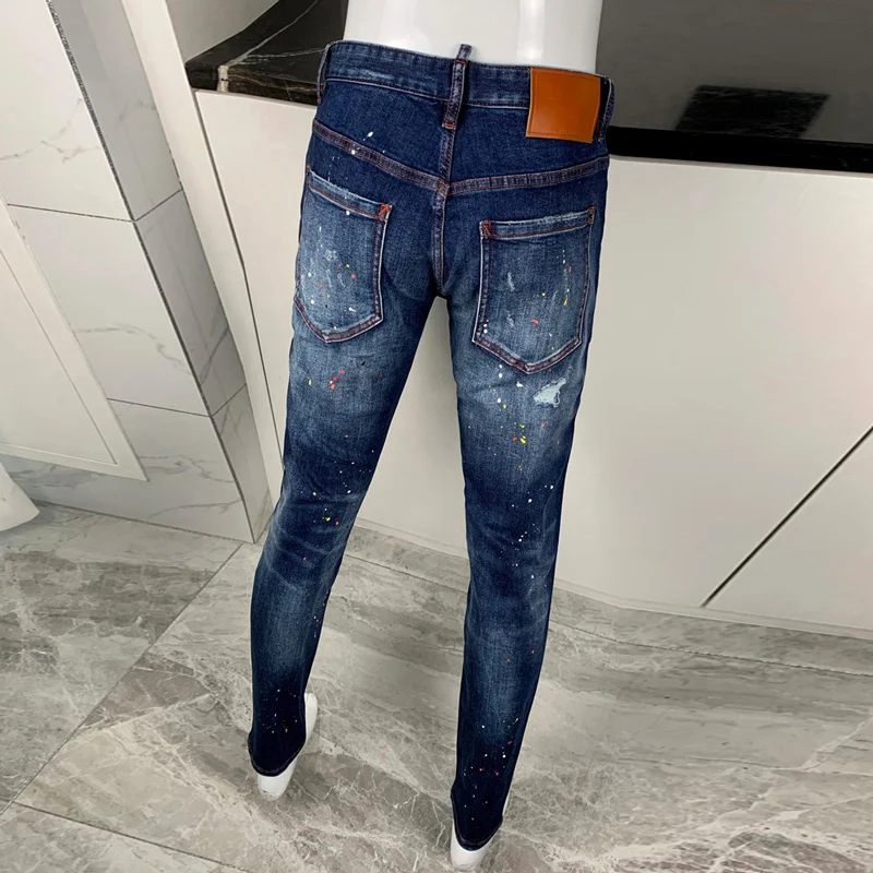 High Street Fashion Men Jeans Retro Blue Stretch Elastic Slim Fit Ripped Jeans Men Painted Designer Hip Hop Brand Pants Hombre