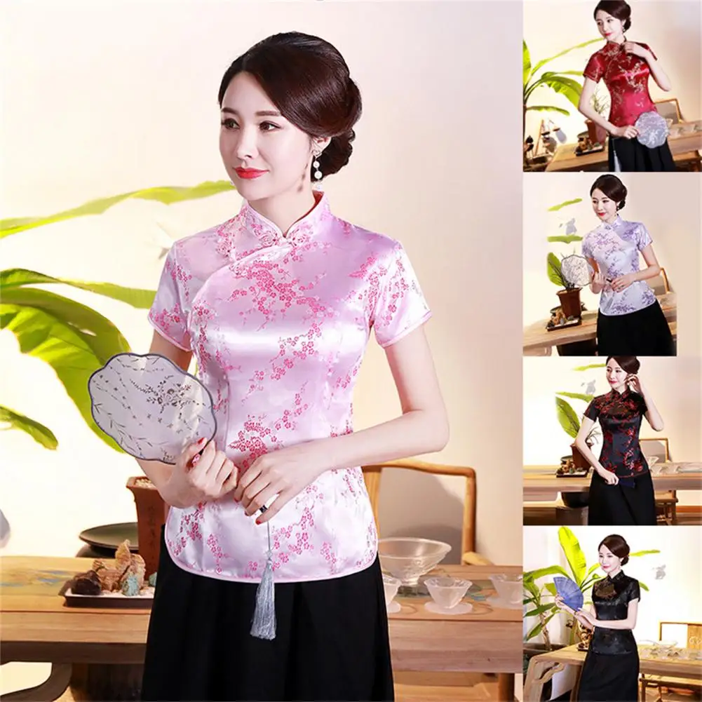 Women Cheongsam Shirt Chinese Style Plum Print Exquisite Buckles Stand Collar Cheongsam Top For Wedding