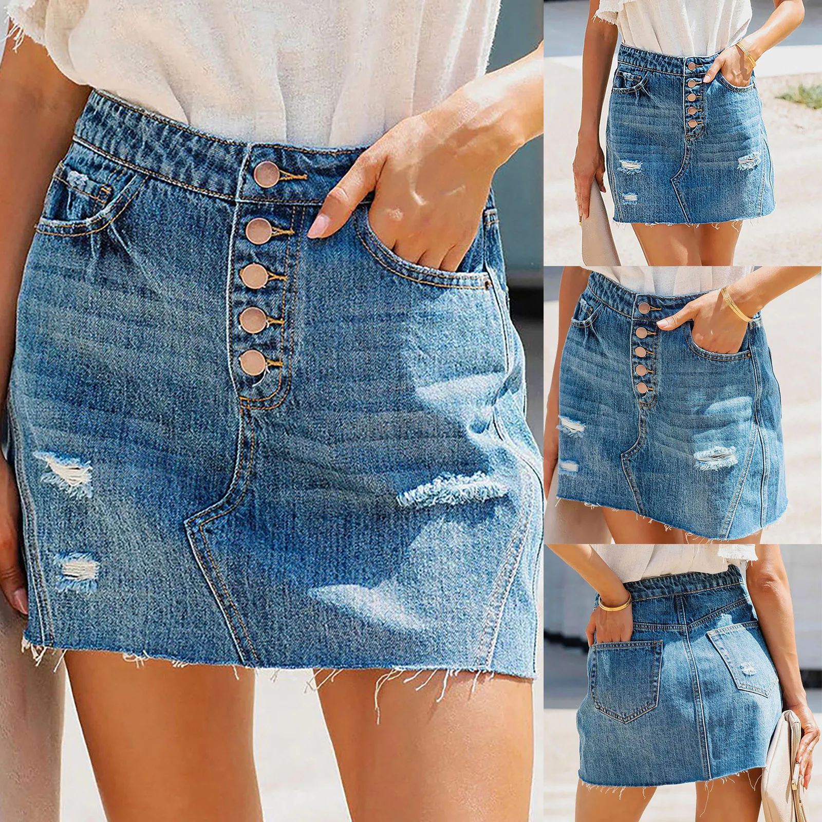 

Fashion Women'S Skirt Casual Broken Hole Washable Multi-Button Denim Tube Skirt Beach Vacation Dresses Summer Woman 2023 Faldas