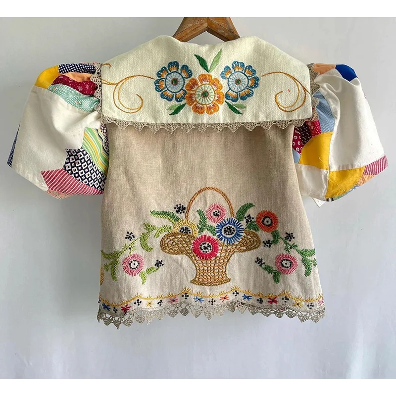 2024 Women's Summer New Embroidered Short-Sleeve Shirt Feminine High Street Retro Shirts Easy Matching V-neck Loose Colorful Top