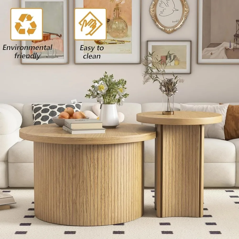 Set of 2 Coffee Tables, Round Coffees Tables Living Room, Wood Table Set, Sofa Side Living Room Bedroom Coffee Table 4