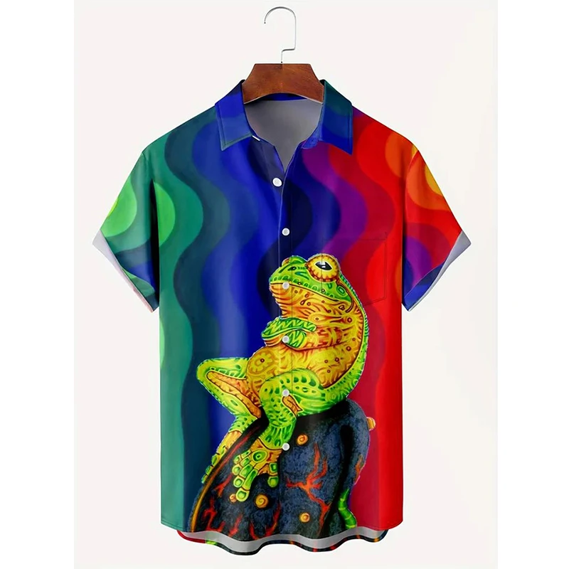 thumbnail image 1 of Camisa hawaiana divertida para hombre, estampado 3D de rana, blusa hawaiana de verano para playa, blusa informal de manga corta con solapa, ropa de calle para hombre, 1 of 5