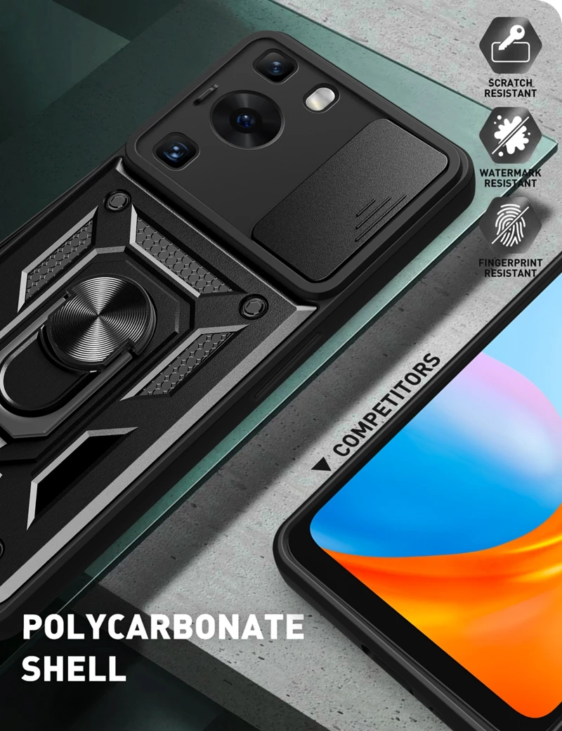 Armor Shockproof Magnetic Ring Stand Holder Case with Slide Camera Lens Cover
