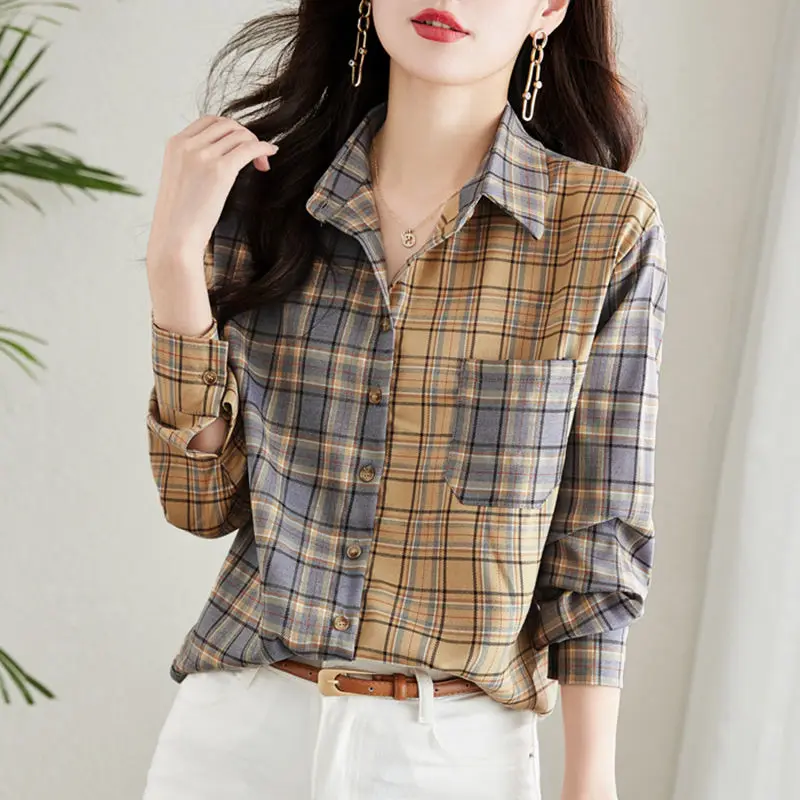 Fashion Lapel Button Pockets Folds Spliced Plaid Shirts Women's Clothing 2023 Autumn Winter Loose Commuter Tops Casual Blouses fashion lapel spliced button pockets casual blazers women clothing 2023 autumn winter loose korean tops commuter blazers