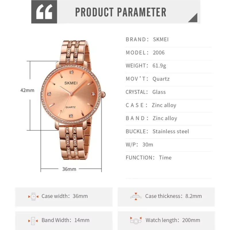 SKMEI 2006 Luxury Waterproof Women Quartz Watches Elegant Style Sport Girl Wristwatch Golden Masonry Dial Clock 1620 Reloj mujer 6