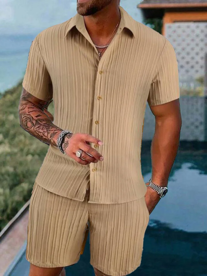 Men's beach suit striped solid color short sleeve shorts shirt Sports casual breathable lightweight high quality men's wear ins 6