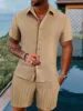 Men's beach suit striped solid color short sleeve shorts shirt Sports casual breathable lightweight high quality men's wear ins 6