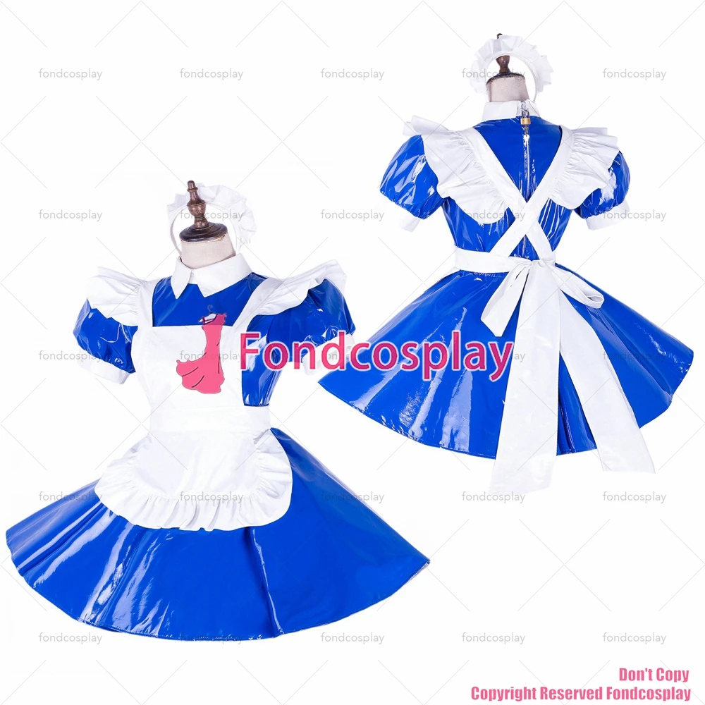 

Сексуальная одежда для взрослых с крестом fondcosplay, блестящее Короткое синее тяжелый ПВХ платье с замком, Синяя Униформа, белый фартук, CD/TV[G1652]
